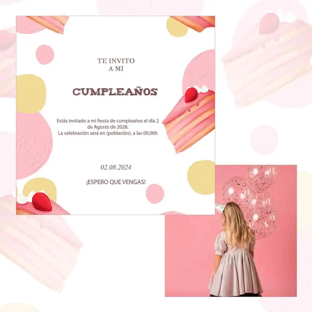 Pista de cumpleaños con pastel y globos para invitación de fiesta infantil en rosa y beige.