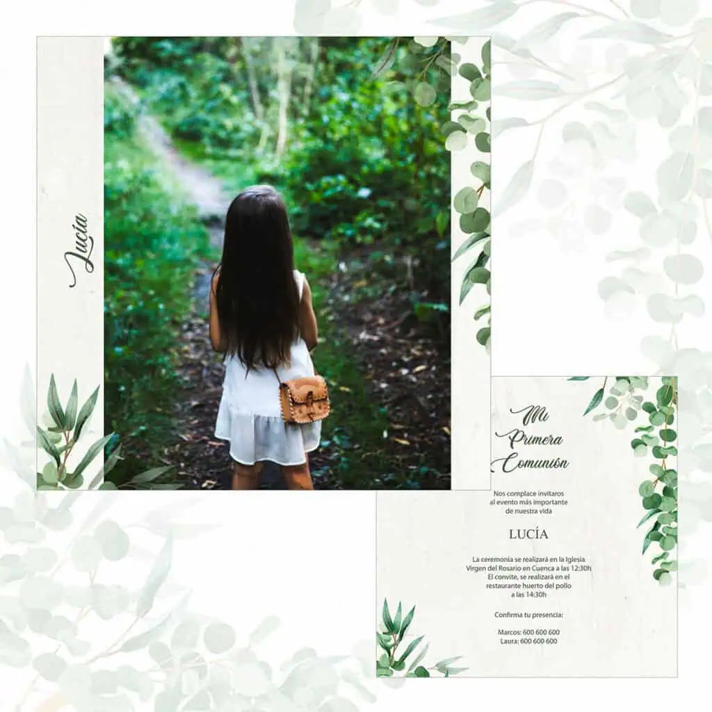 Niña de espaldas en bosque para invitación de Primera Comunión.
