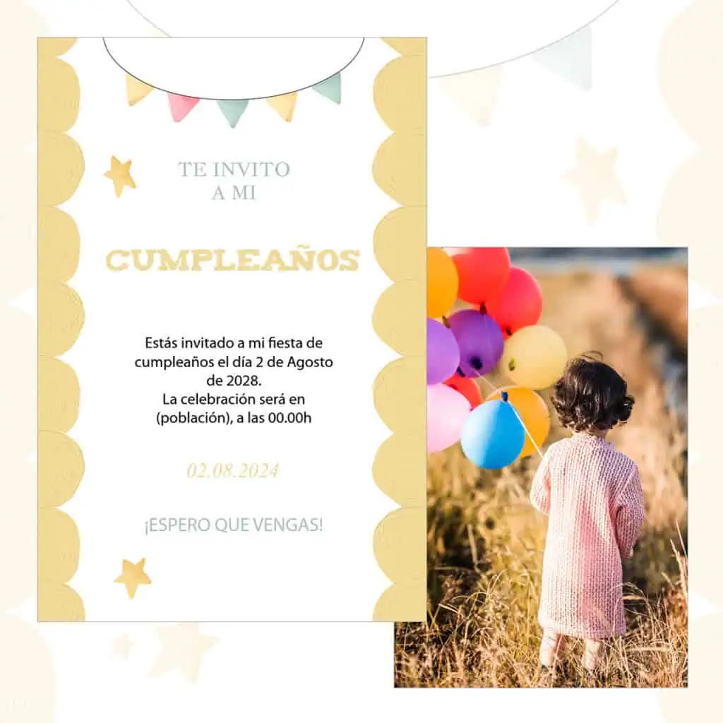 Niña con globos de cumpleaños en campo al atardecer en celebración infantil.