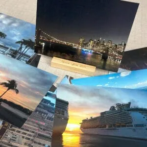 Imágenes de paisajes urbanos, puentes y puertos en diferentes momentos del día.