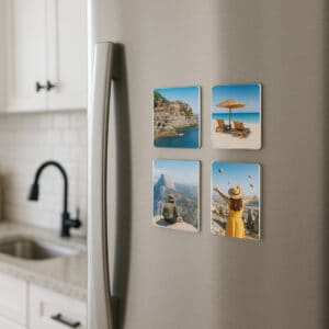 Imágenes de recuerdos viajeros en una nevera con fotos de playas y montañas.