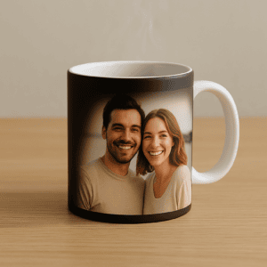 Sonriente pareja feliz en taza con foto personalizada, regalo ideal para ocasiones especiales.
