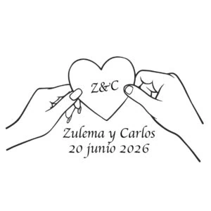 Amor y romanticismo, corazón con iniciales Z&C, fecha de boda en línea negra.