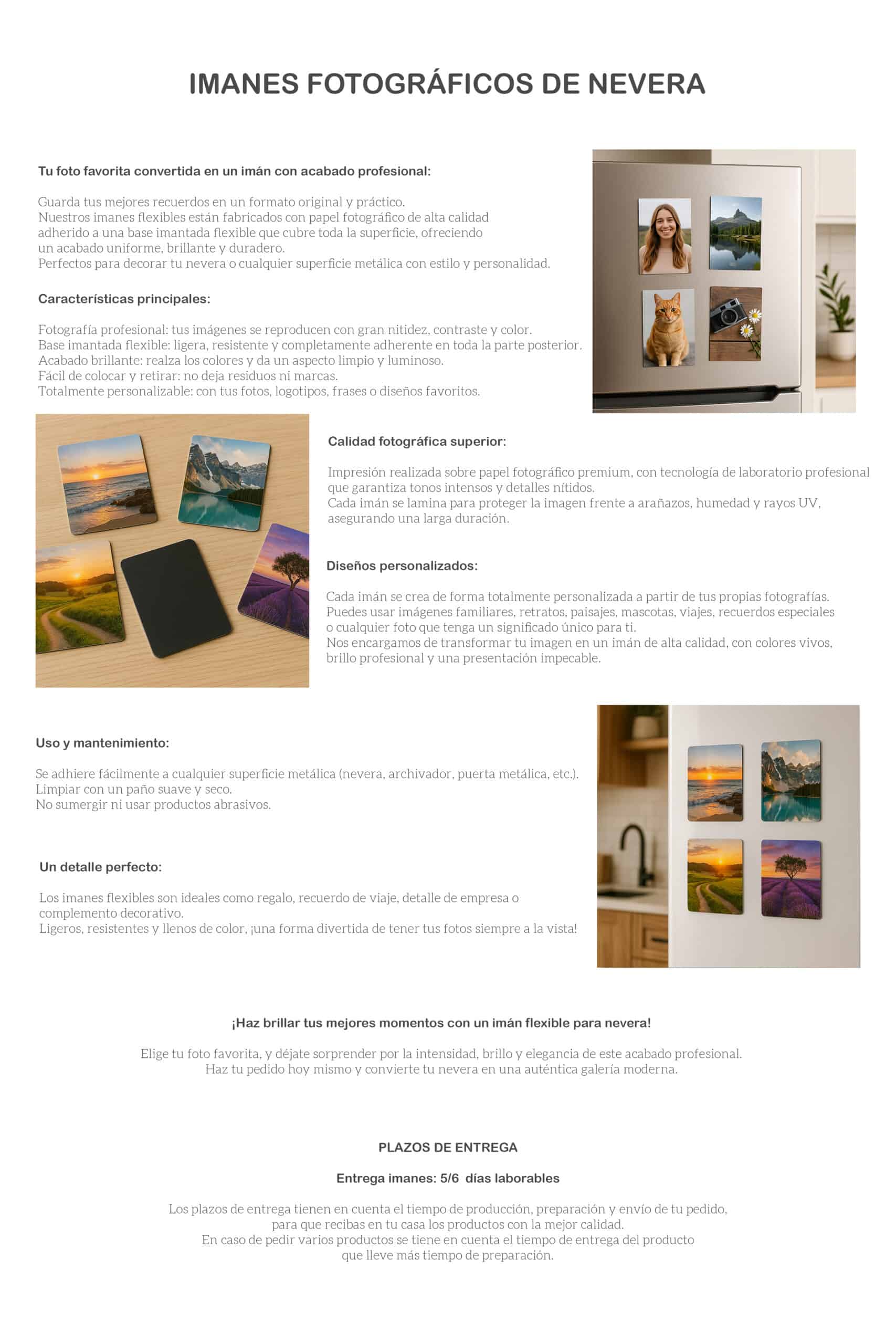 Fotos de imanes personalizados con imágenes de paisajes y momentos familiares para decorar neveras.