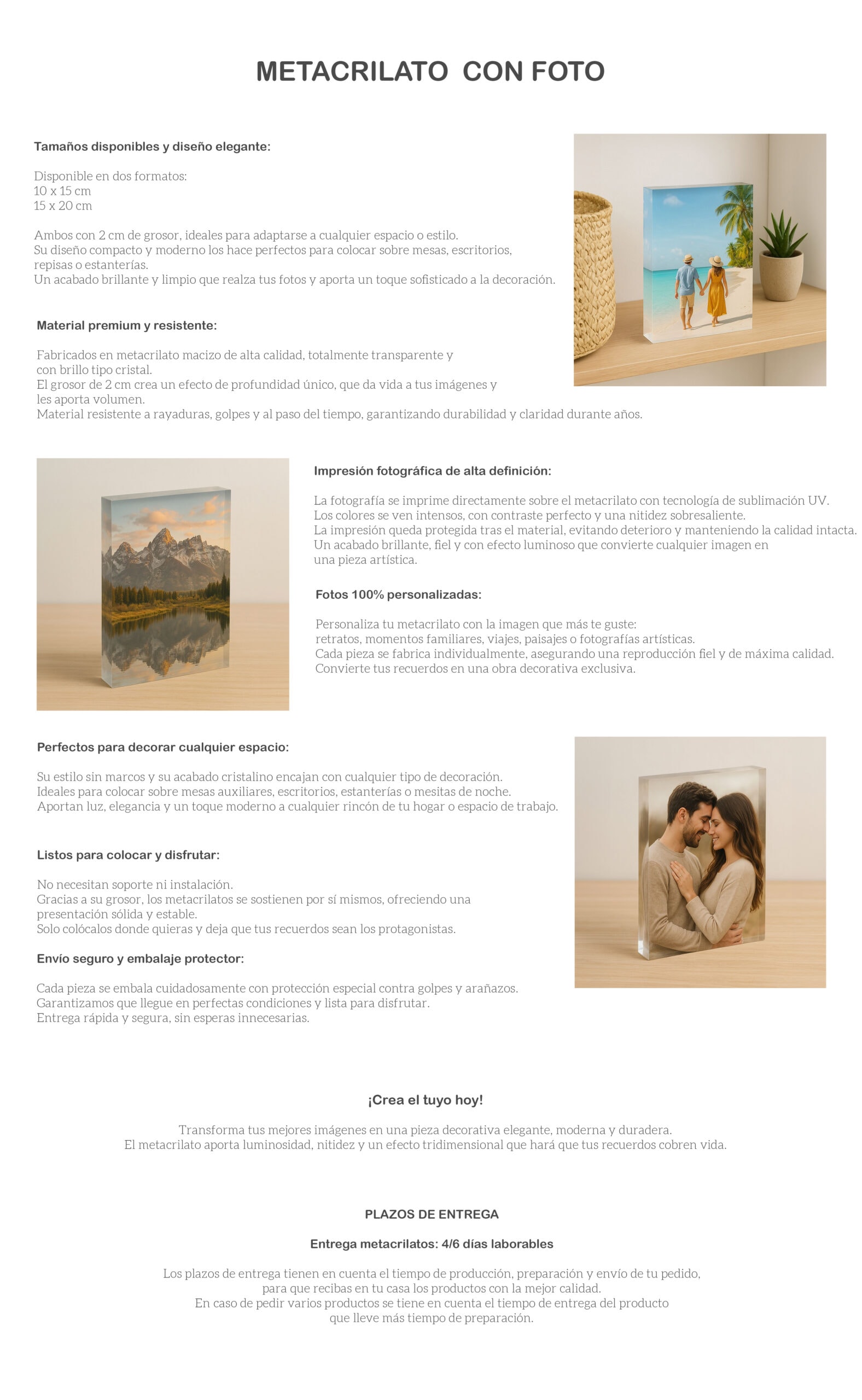 Fotos decorativas metacrilato con impresión de paisajes y parejas para espacio y regalo elegante.