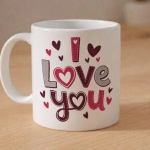 Taza blanca con mensaje de amor y corazones en colores rosa, rojo y gris para ocasiones especiales.