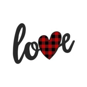 Corazón con patrón de cuadros rojos y negros en forma de palabra "love".