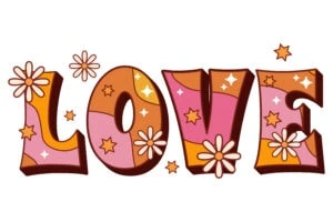 Fondo de letras “LOVE” con flores y estrellas en estilo colorido y divertido para mensajes positivos.