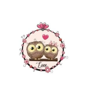 1. Dos búhos adorables en un diseño romántico con flores y corazones.