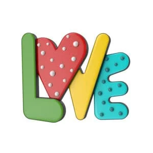 Amor en letras de colores con puntos blancos y azules, símbolo de cariño y alegría.