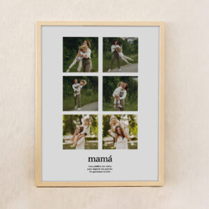 Árbol de fotos familiar con madre y hija jugando en el parque, enmarcado en madera.